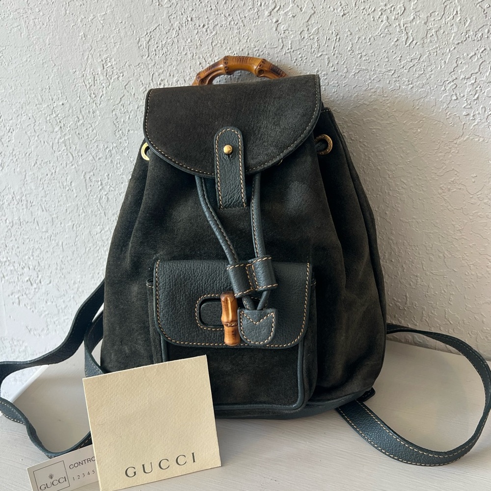 Gucci Black Backpack with Leather Trim and Metal Hardware